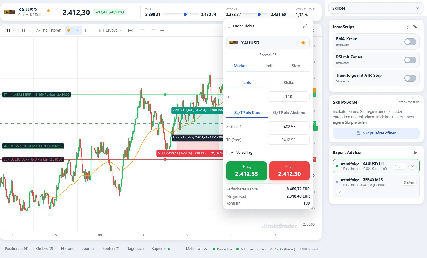 Floating order ticket: lots or risk, stop and target as price or distance