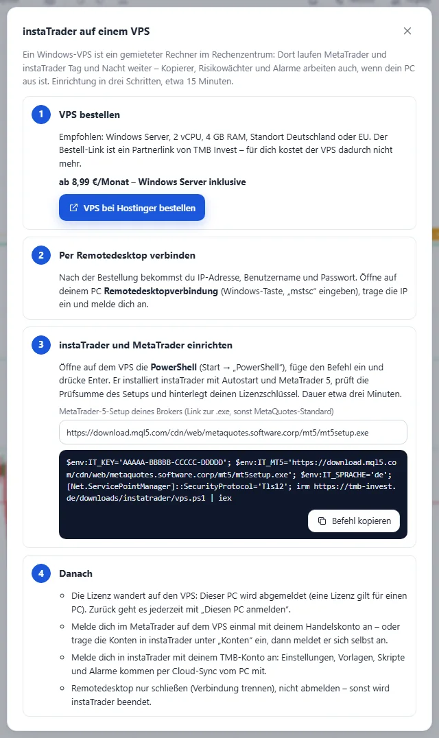 VPS assistant: instaTrader around the clock